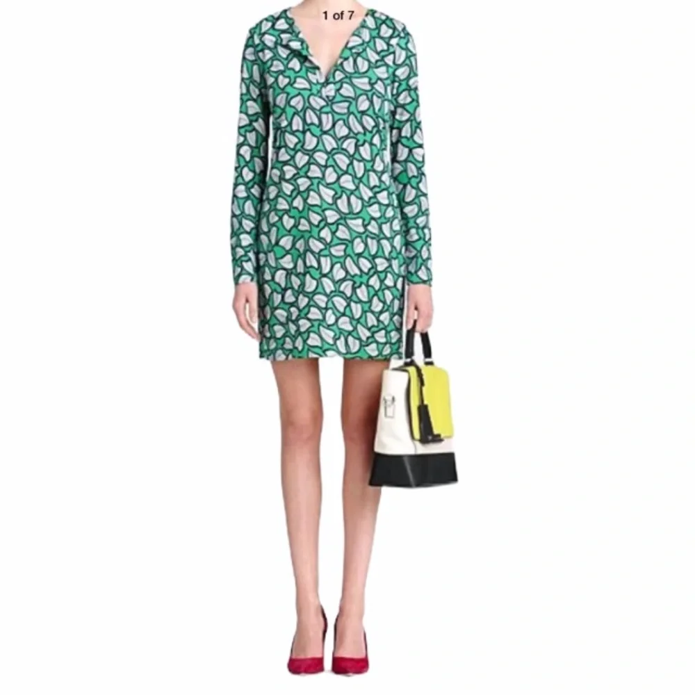 Diane Von Furstenberg DVF Reina Silk Tunic Dress Green Leaf Print Mini Size 6 - Picture 11 of 13